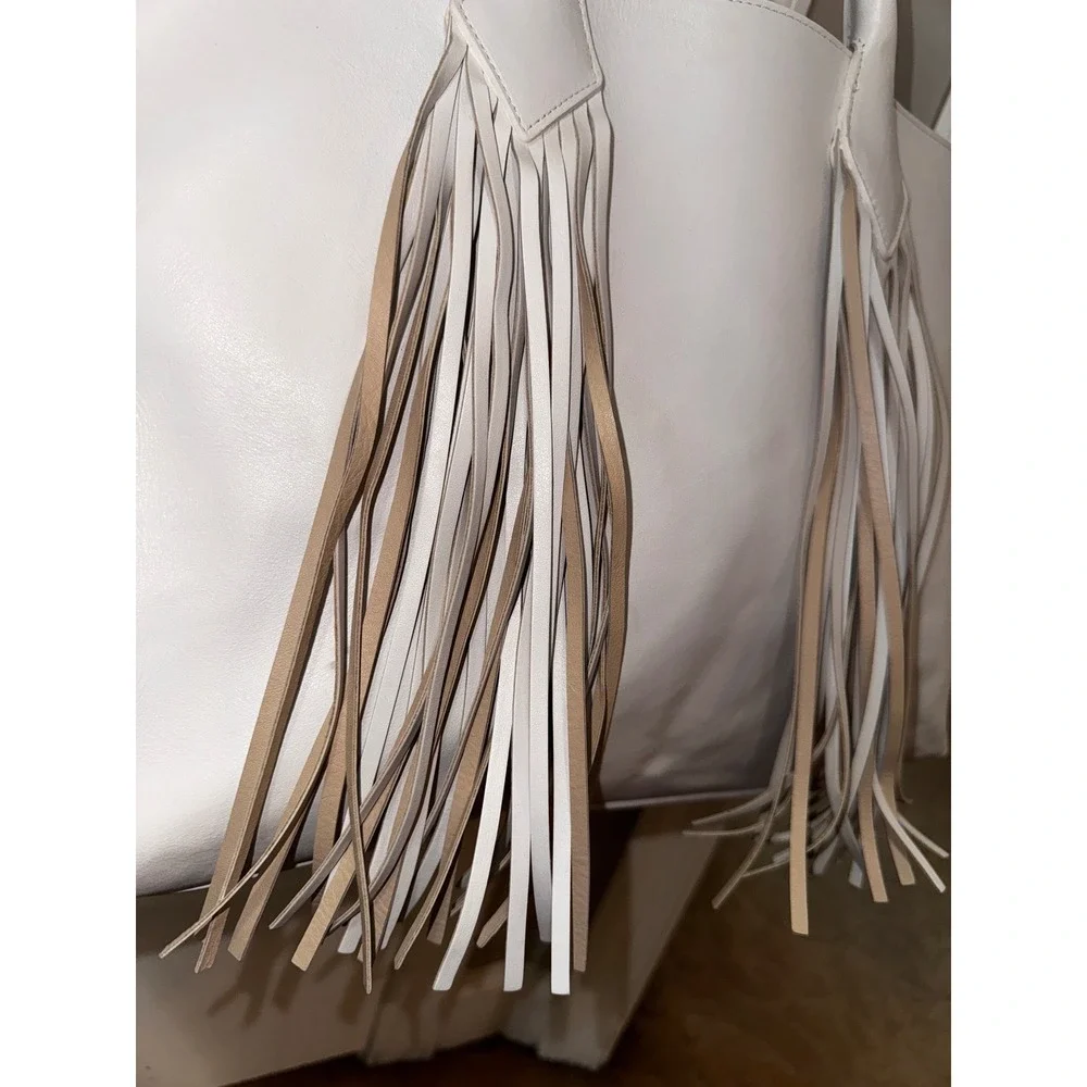 Sara Battaglia White Leather Fringe Tote Bag Designer Handbag‎ Purse